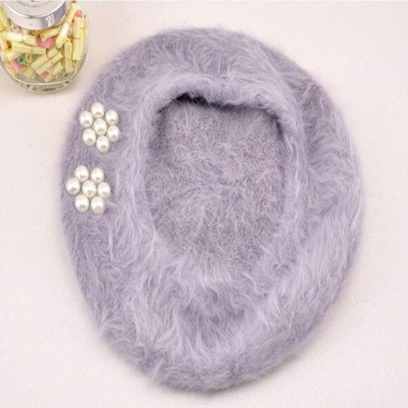 7946 Womens Beret With Pearls, Winter Wool Hat Pearl French Knitted Beanie